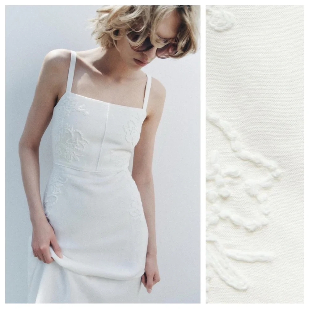 NWT. Zara ZW Collection Oyster-White Embroidered Midi Dress. Size XS. - Picture 5 of 15